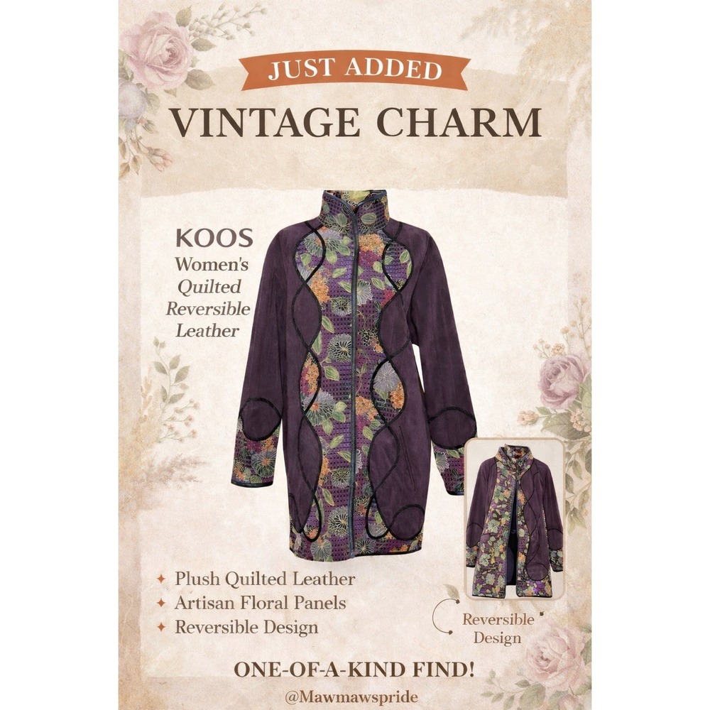 VIntage Women's Purple‎ Floral Quilted L/XL long Leather Jacket Coat Reversible
